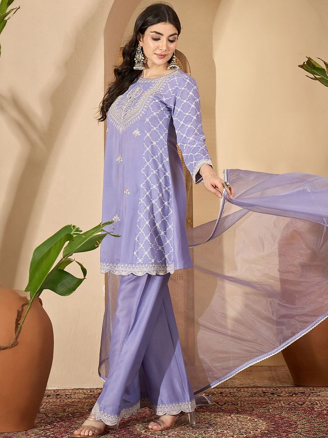 Dhiyona SN Floral Embroidered Thread Work Chinon Silk A-Line Kurta With Palazzos & Dupatta