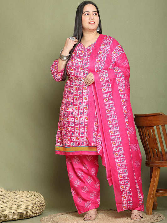 Dhiyona KL Women Plus Size Geometric Printed Kurta with Trousers & Dupatta