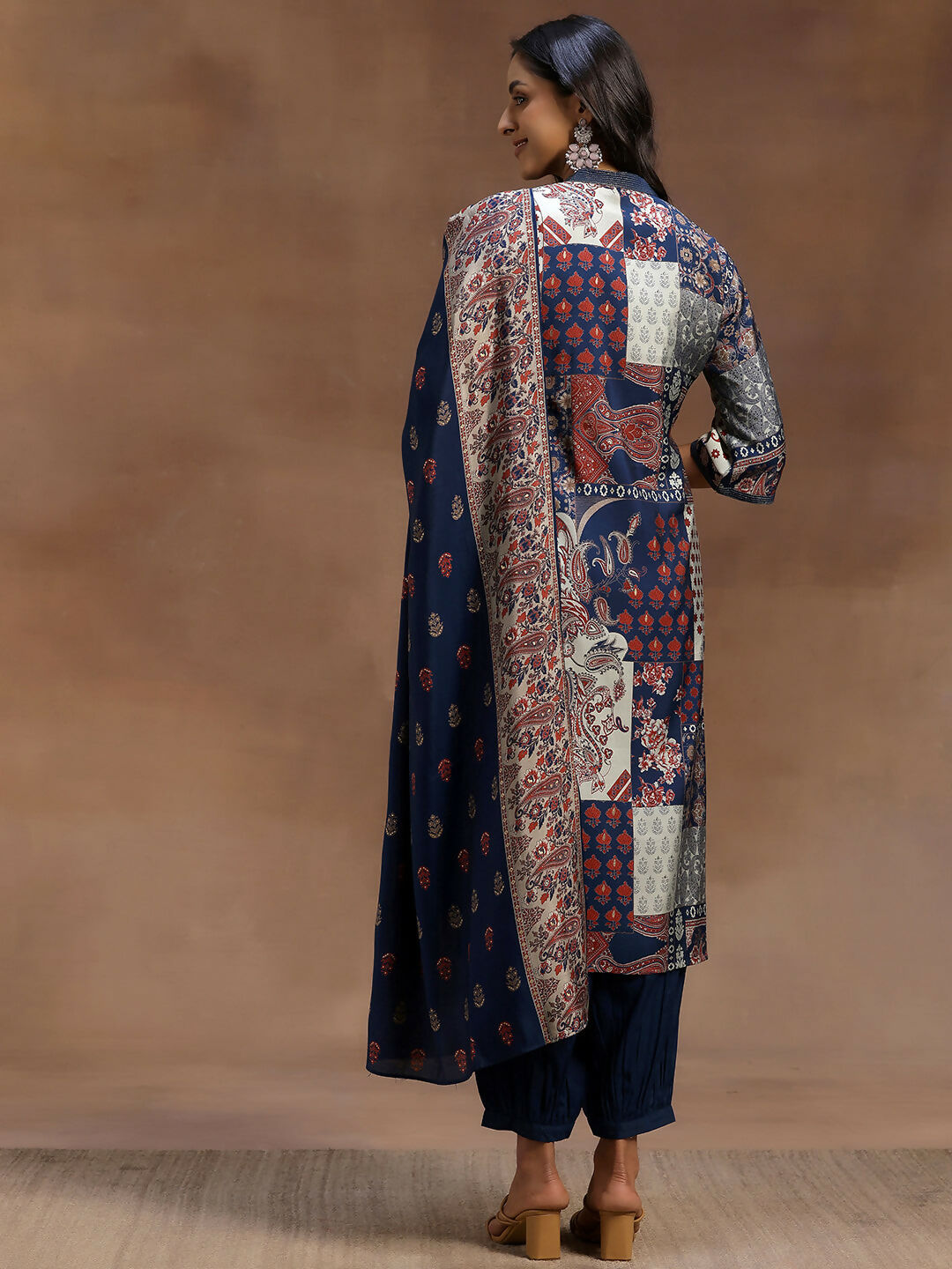 Women's LB Blue Printed Silk Blend Straight Suit With Dupatta