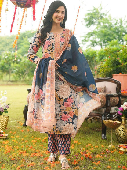 Dhiyona KL Floral Printed Notch Neck Straight Kurta with Trouser & Dupatta