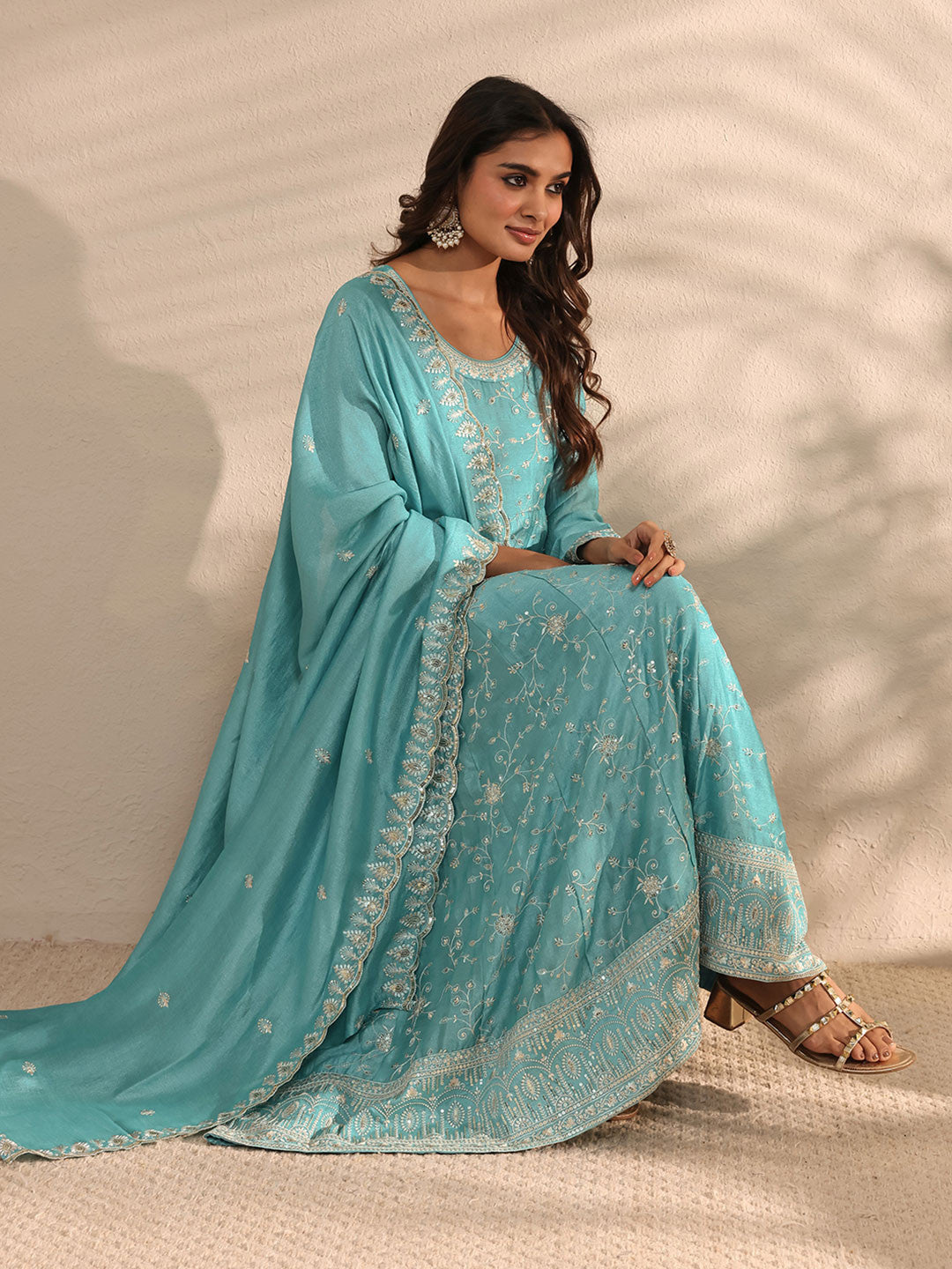 Blue Embellished Anarkali Suit Set with Dupatta