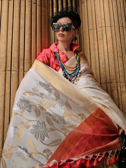 Women's Soft Silk Off White Woven Design Designer Saree With Blouse Piece