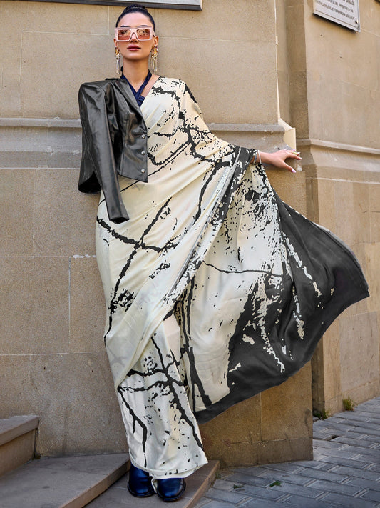 Women's Crepe Cream Digital Print Designer Saree With Blouse Piece