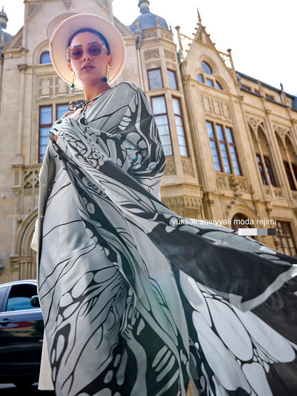 Women's Crepe Grey Digital Print Designer Saree With Blouse Piece