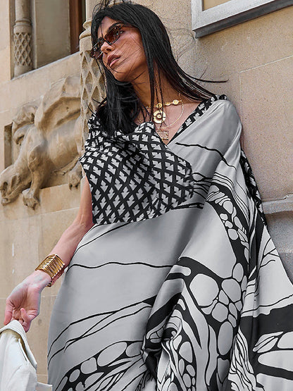 Women's Crepe Grey Digital Print Designer Saree With Blouse Piece