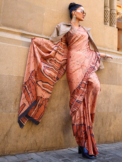Women's Crepe Brown Digital Print Designer Saree With Blouse Piece