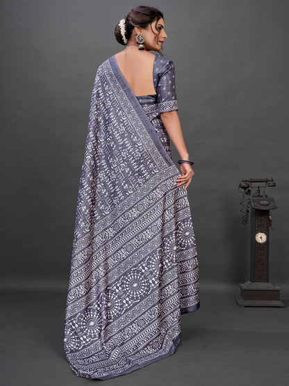 Women's Dola Silk Grey Printed Designer Saree With Blouse Piece