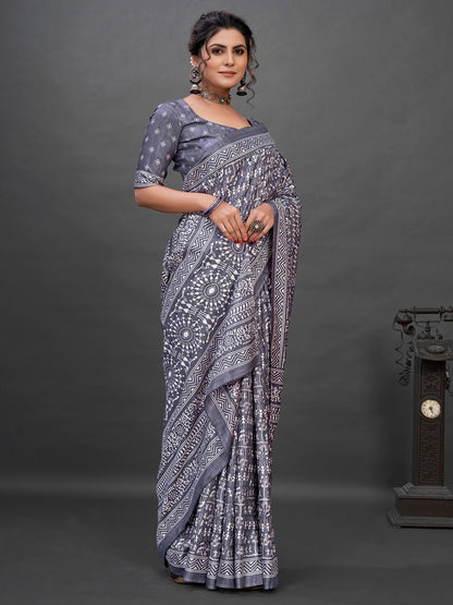 Women's Dola Silk Grey Printed Designer Saree With Blouse Piece