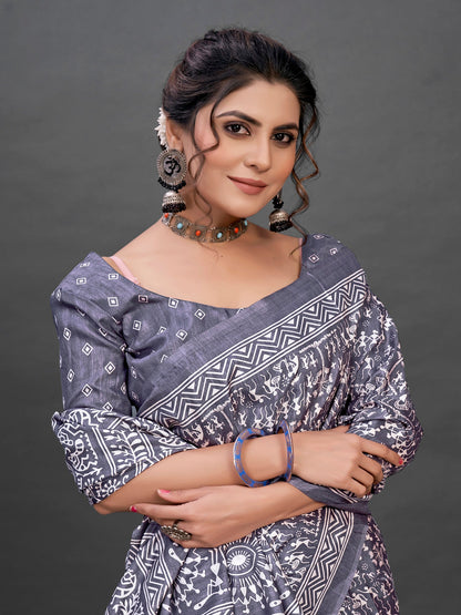 Women's Dola Silk Grey Printed Designer Saree With Blouse Piece