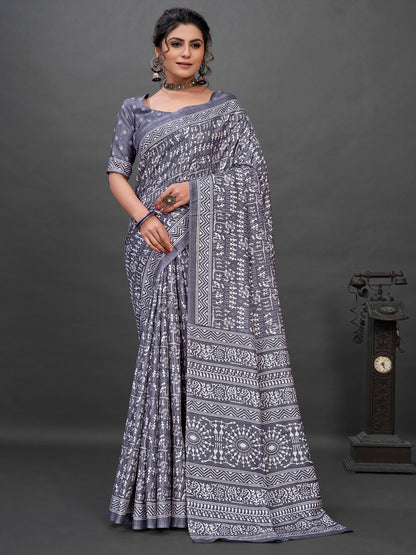 Women's Dola Silk Grey Printed Designer Saree With Blouse Piece