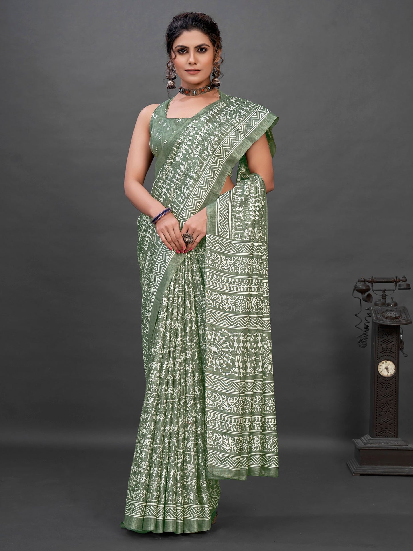 Women's Dola Silk Sea Green Printed Designer Saree With Blouse Piece