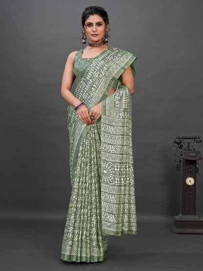 Women's Dola Silk Sea Green Printed Designer Saree With Blouse Piece