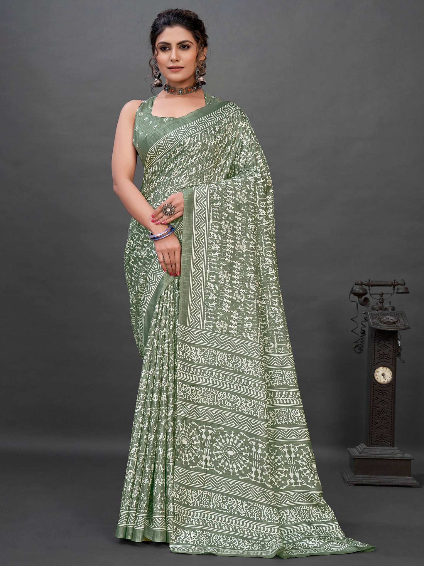 Women's Dola Silk Sea Green Printed Designer Saree With Blouse Piece