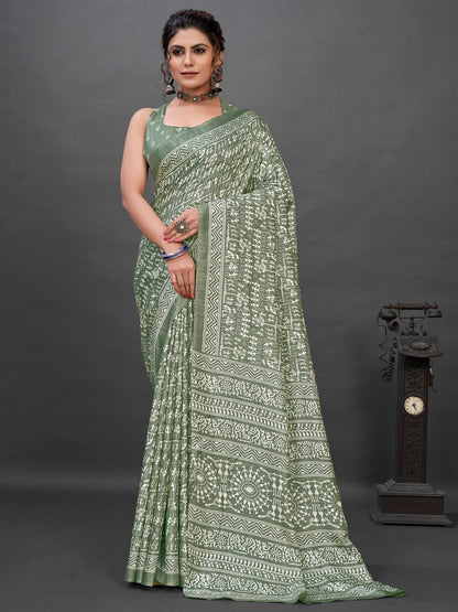 Women's Dola Silk Sea Green Printed Designer Saree With Blouse Piece