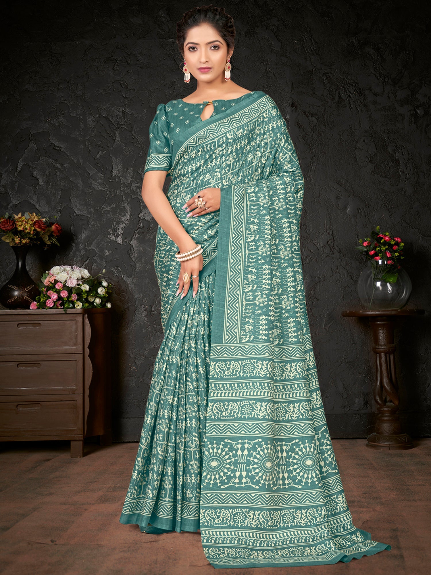 Women's Dola Silk Sea Green Printed Designer Saree With Blouse Piece