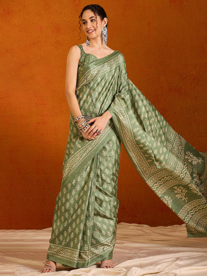 Women's Cotton Blend Olive Printed Designer Saree With Blouse Piece