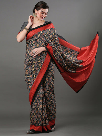 Women's Dola Silk Black Digital Print Designer Saree With Blouse Piece