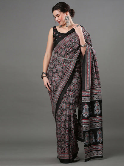 Women's Dola Silk Black Digital Print Designer Saree With Blouse Piece
