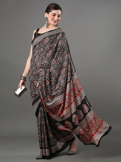 Women's Dola Silk Black Digital Print Designer Saree With Blouse Piece