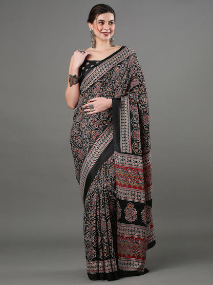 Women's Dola Silk Black Digital Print Designer Saree With Blouse Piece