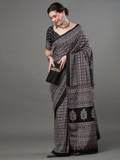 Women's Dola Silk Black Digital Print Designer Saree With Blouse Piece