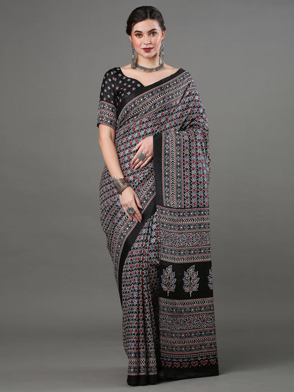 Women's Dola Silk Black Digital Print Designer Saree With Blouse Piece