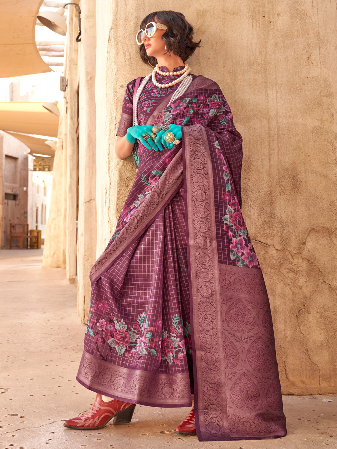 Women's Georgette Burgundy Woven Design Designer Saree With Blouse Piece
