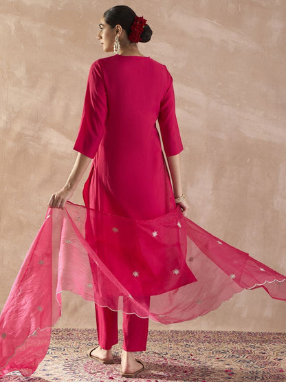 Ethnic Motifs Embroidered Thread Work Straight Kurta With Trousers & Dupatta