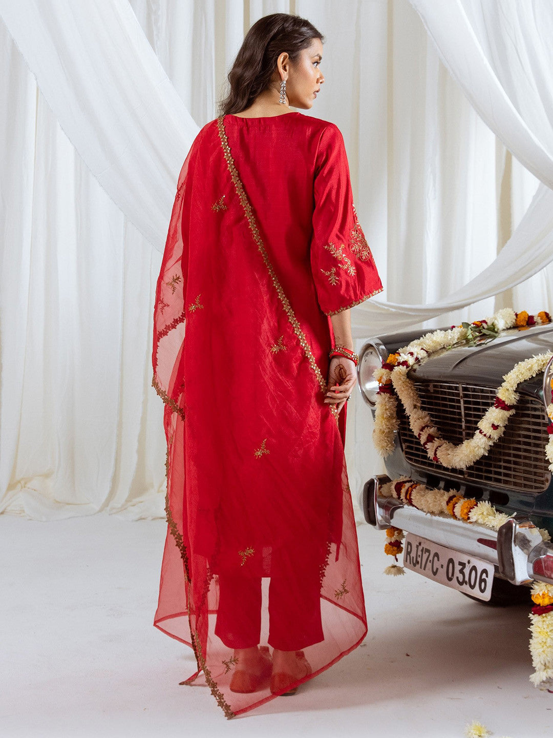Floral Embroidered Sequinned Straight Kurta With Trousers & Dupatta
