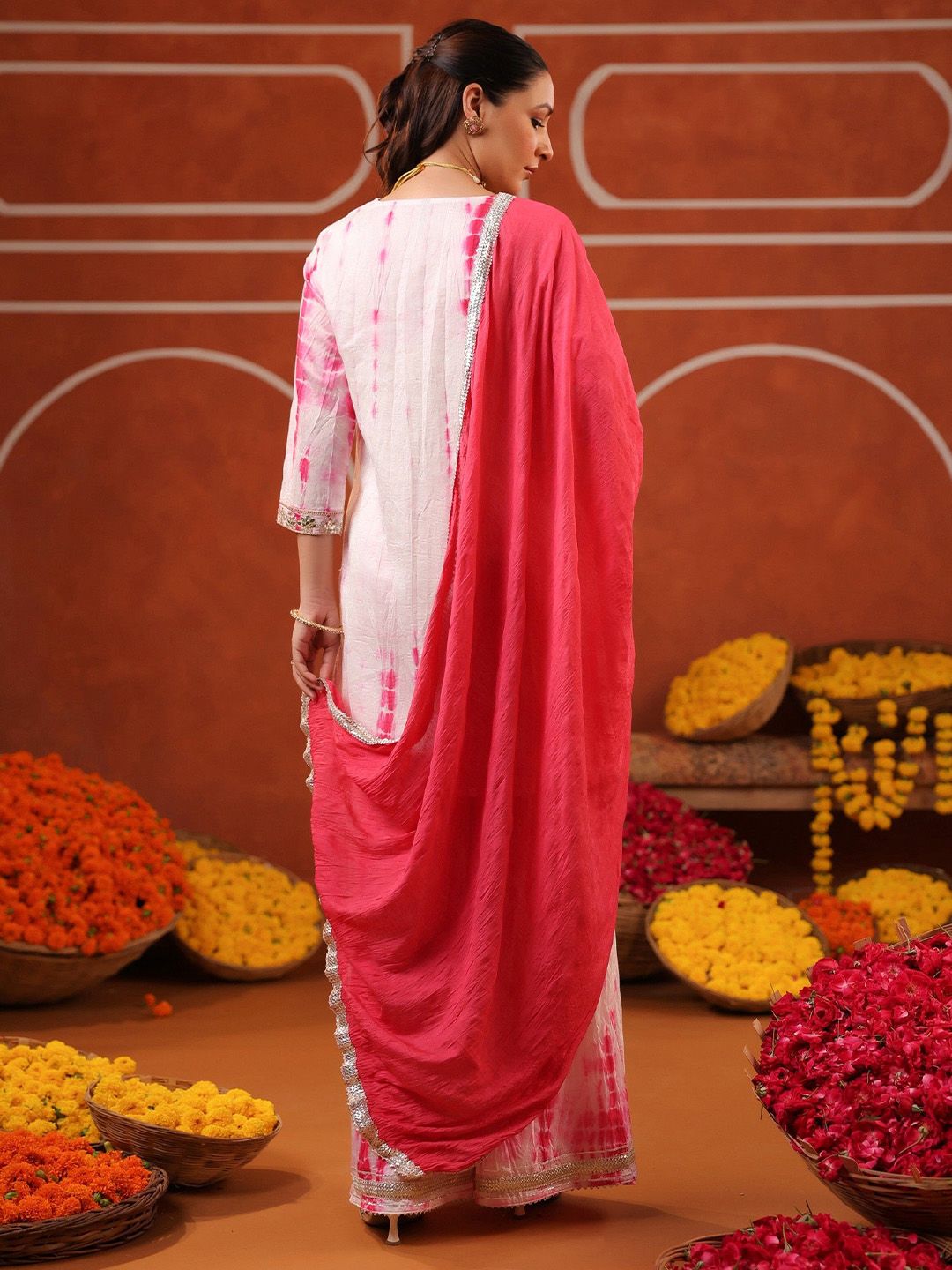 Dhiyona SC Women Fuchsia Shibori Chanderi Silk Embroidered Sharara Set