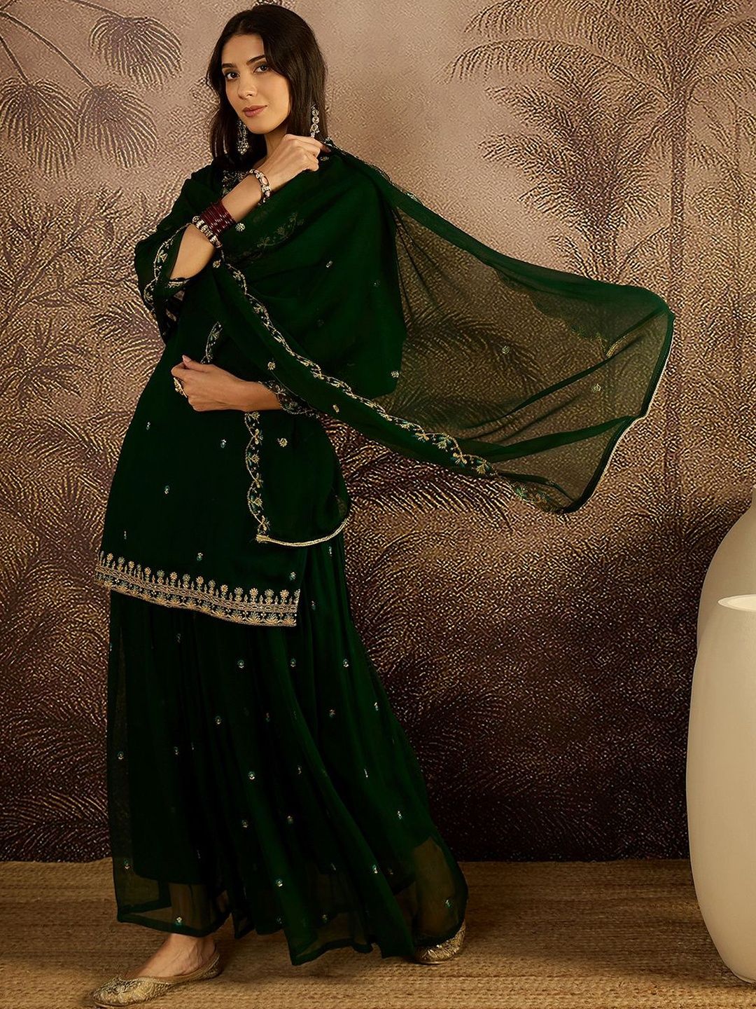 Dhiyona SN Women Ethnic Motifs Embroidered Zari Georgette Kurta with Sharara & Dupatta