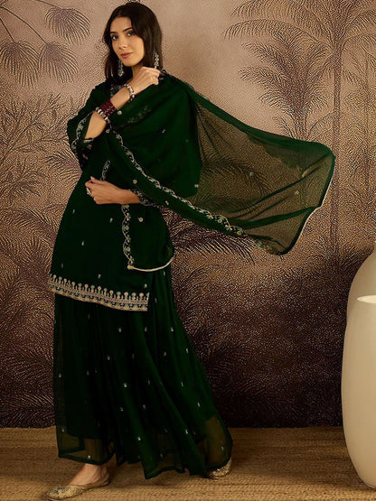 Dhiyona SN Women Ethnic Motifs Embroidered Zari Georgette Kurta with Sharara & Dupatta