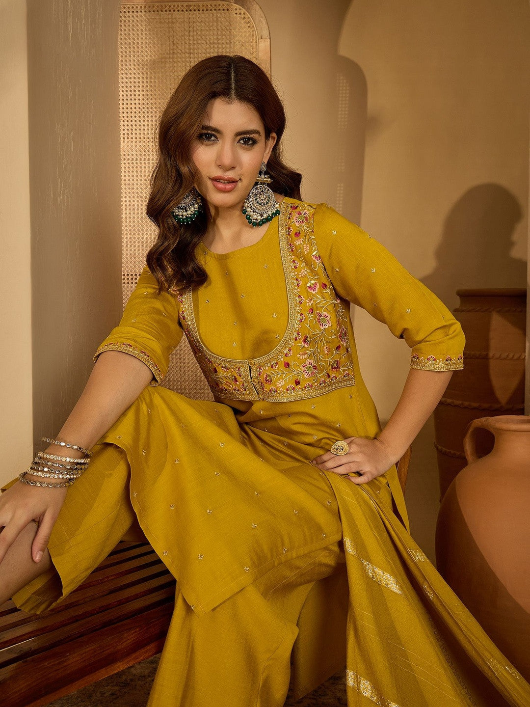 Women Mustard Embroidered Kurta Sets With Dupatta