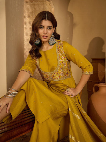 Women Mustard Embroidered Kurta Sets With Dupatta