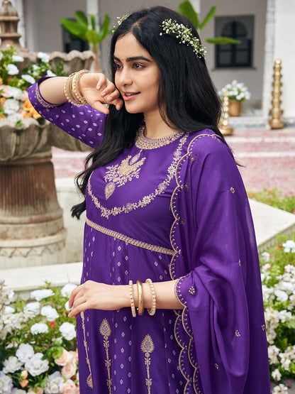 Dhiyona CH Embroidered Round Neck Chinon Thread Work Anarkali Kurta With Palazzos & Dupatta