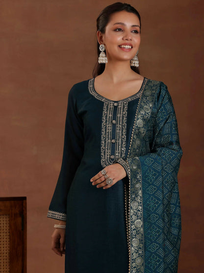 Women's LB Teal Embroidered Silk Blend Straight Suit With Dupatta