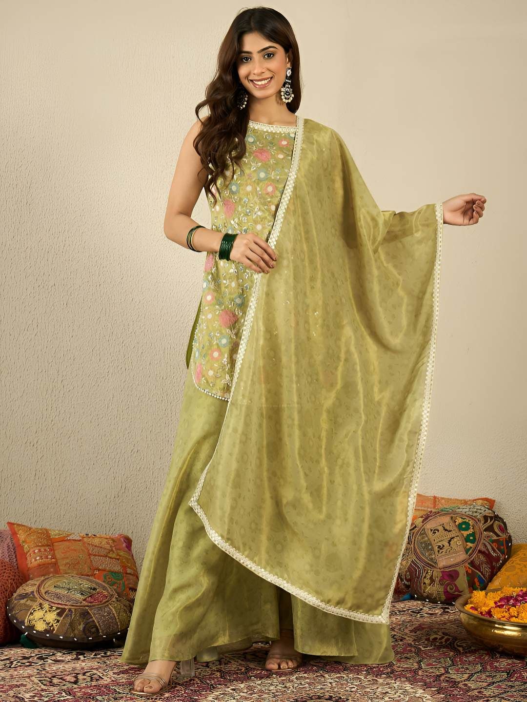 Dhiyona IN Women Floral Embroidered Regular Sequinned Kurta with Palazzos & Dupatta