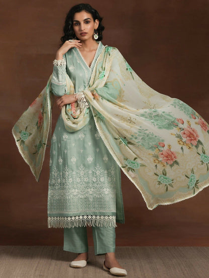 Women's LB Green Embroidered Silk Blend Straight Suit With Dupatta