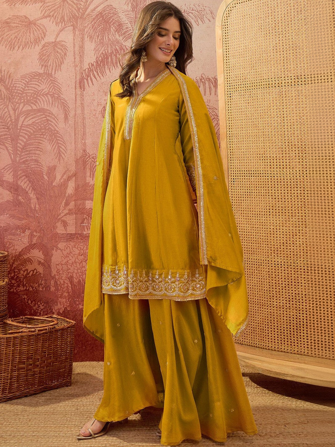 Embroidered V-Neck Kurta & Sharara With Dupatta