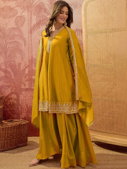 Embroidered V-Neck Kurta & Sharara With Dupatta