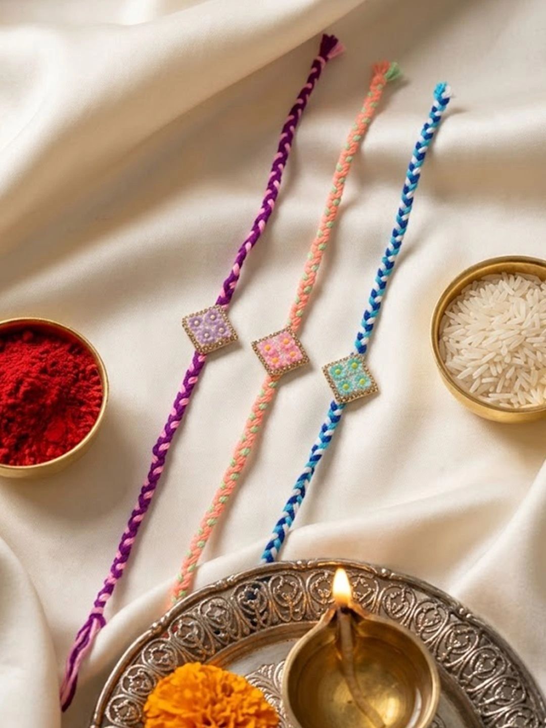 Dhiyona Set Of 3 Multicolor Ad Thread Rakhi With Roli Chawal Chandan Mishri