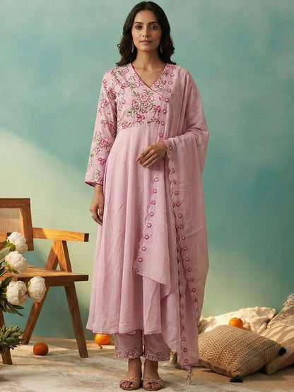 Dhiyona CH Women Floral Embroidered Angrakha Thread Work Kurta with Trousers & With Dupatta