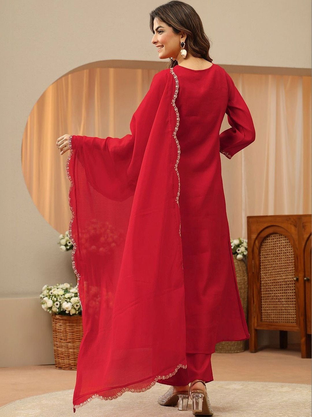 Red Embellished Yoke A-Line Suit Set