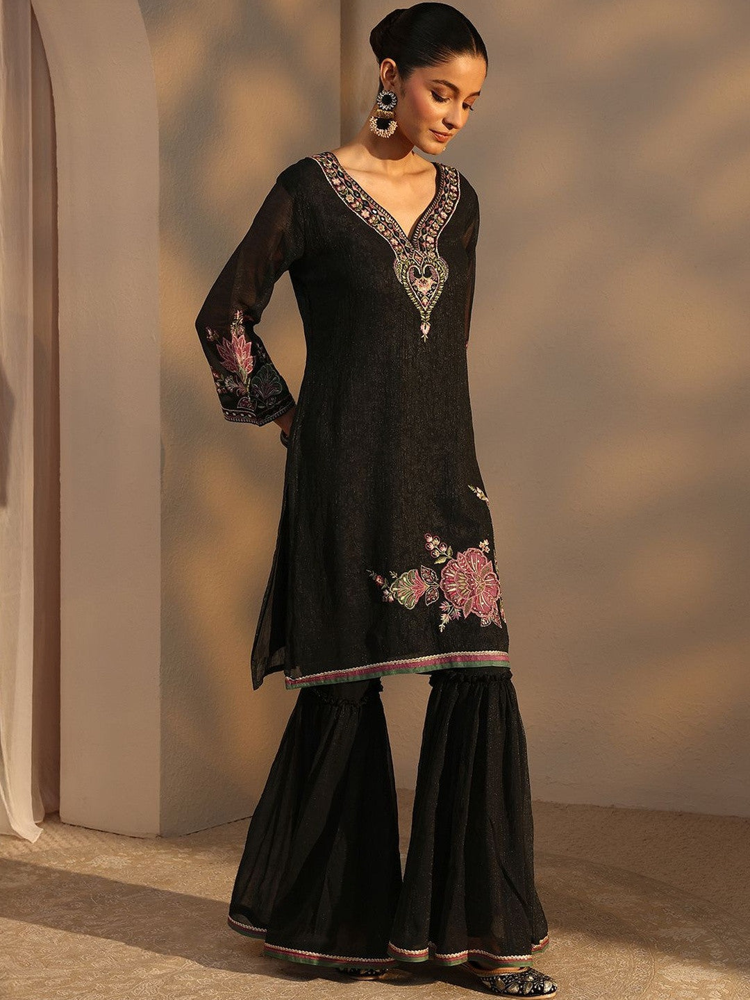 Women Embroidered Regular Silk Chiffon Kurta with Sharara & With Dupatta