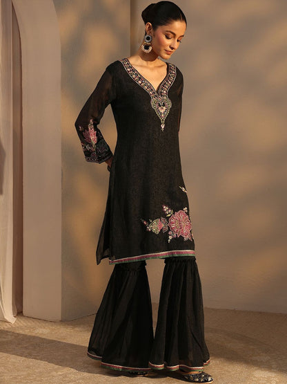 Women Embroidered Regular Silk Chiffon Kurta with Sharara & With Dupatta