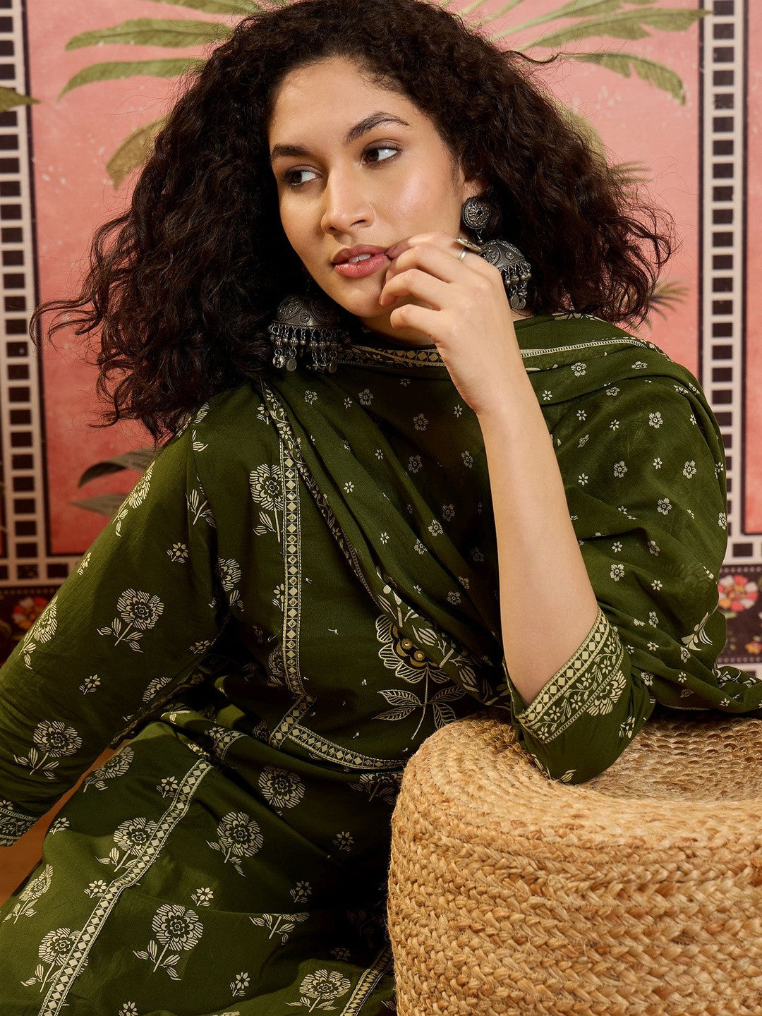 Floral Printed Cotton Round Neck Kurta & Trousers With Dupatta