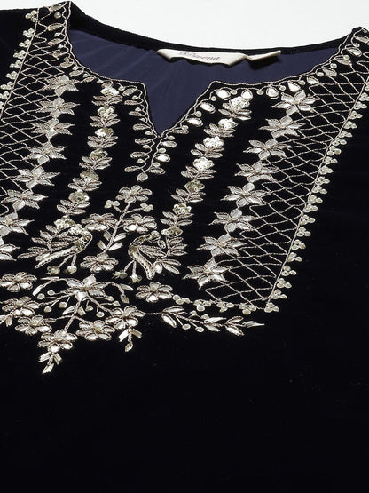 Dhiyona KL Women Ethnic Motifs Embroidered Regular Velvet Kurta with Trousers & Dupatta