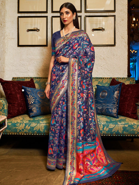 Women's Modal Navy Blue Woven Design Woven saree With Blouse Piece