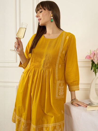 Flral Embroidered Pleated Thread Work Pure Cotton A-Line Kurta With Trousers