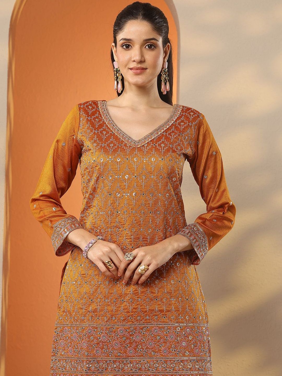 Dhiyona LL Ethnic Motifs Embroidered Regular Sequinned Kurta With Sharara & Dupatta